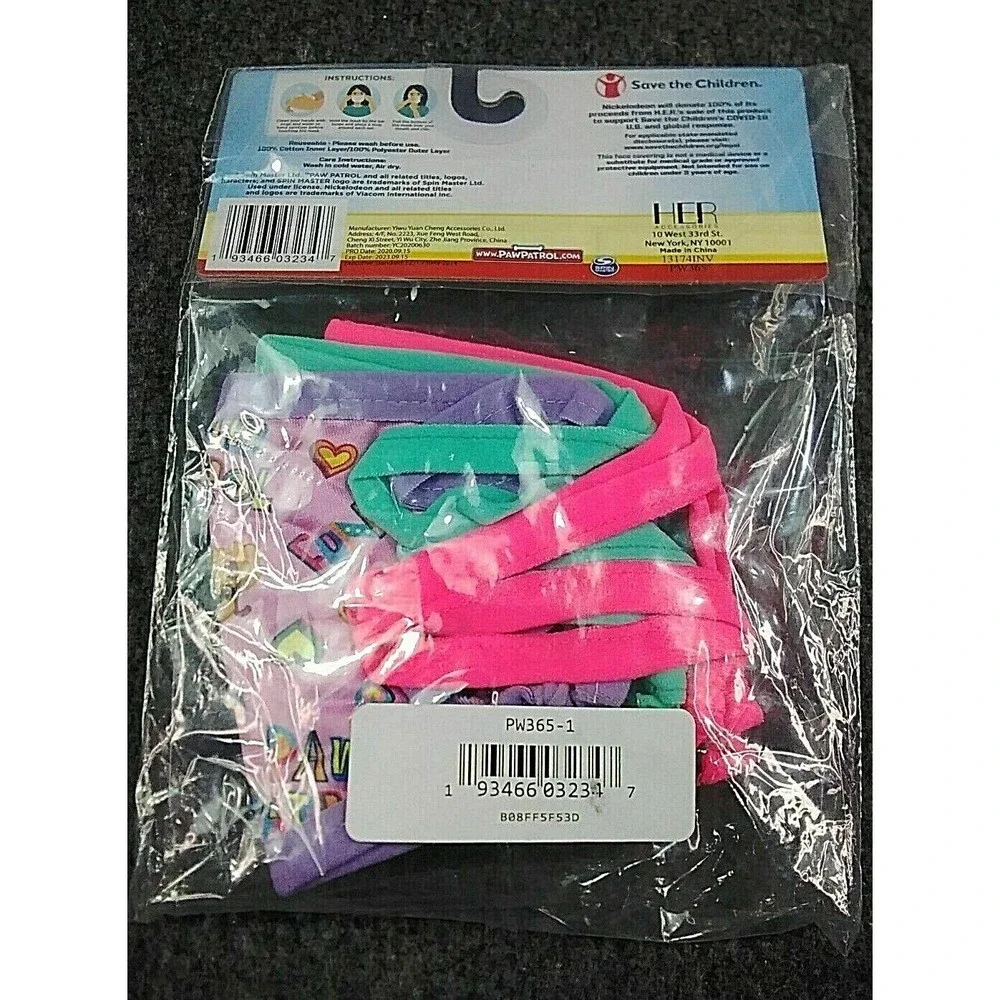 Paw Patrol Pink Lilac Masks Face Coverings 3 Pack with Adjustable Ear Strap